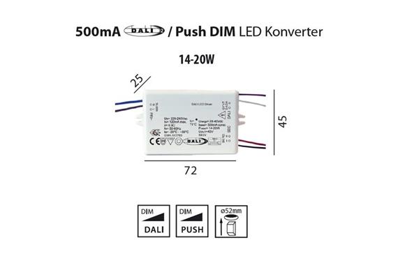 Konverter DC 20W 500mA DALI - Push weiss  100-240V /14W-20W L=88 B=45 H=25 /IP20