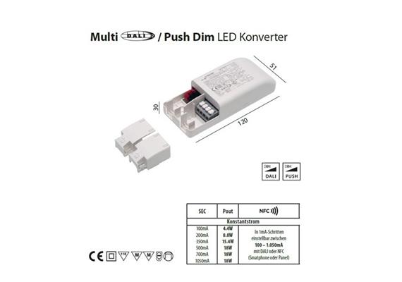 Konverter Multi 350mA DALI-Push dim 15.4W  230-240V/ L=120 B=51 H=30mm / IP20