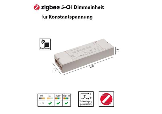 ZigBee 5-Kanal Dimmeinheit für Konstantspannung  DC 12-48V / L=170 B=60 H=18 / IP20